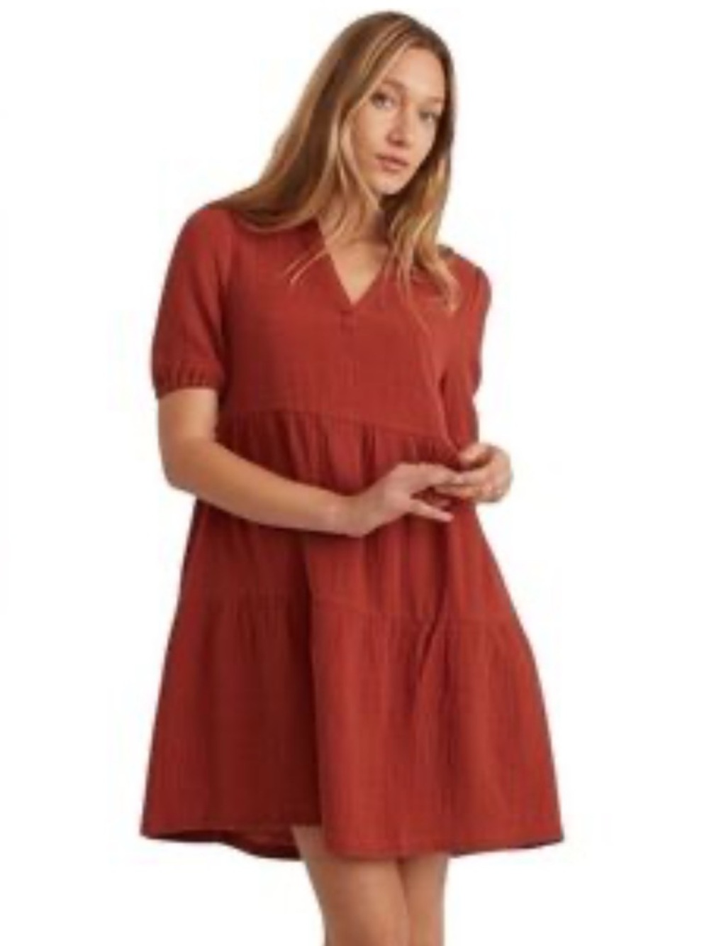 Drew Rust Textured Tiered Cotton Dress Small